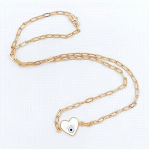 𝅺ENAMEL heart charm w/evil eye on paperclip chain